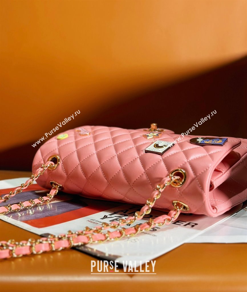 Chanel Lambskin Classic Flap Bag with Badges Charm A01112 Coral Pink 2023 (yezi-2312260115)