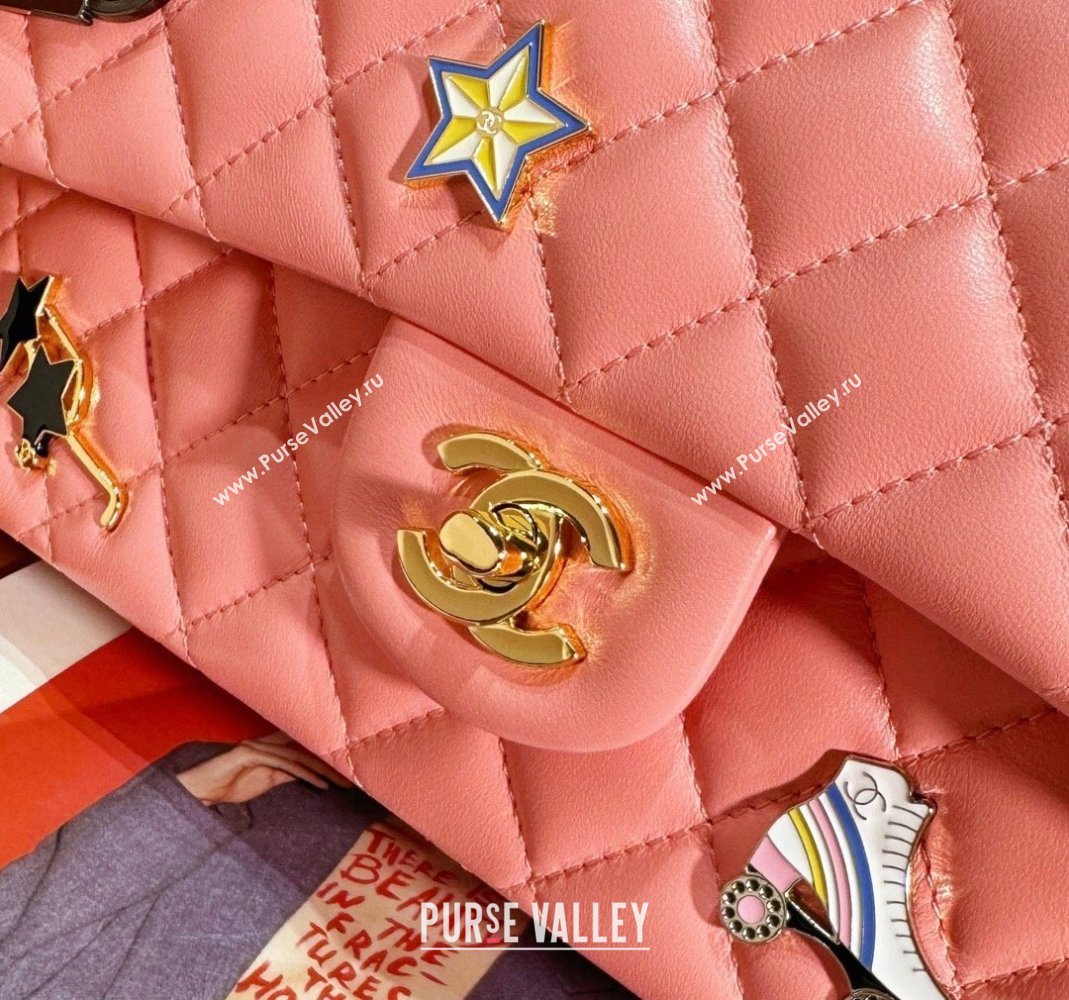 Chanel Lambskin Classic Flap Bag with Badges Charm A01112 Coral Pink 2023 (yezi-2312260115)