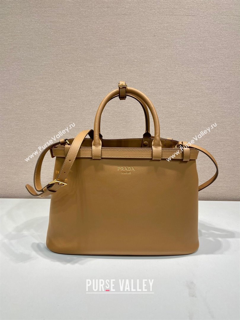 Prada Medium leather handbag with belt Caramel Brown 2023 1BA417 (YZ-231229002)