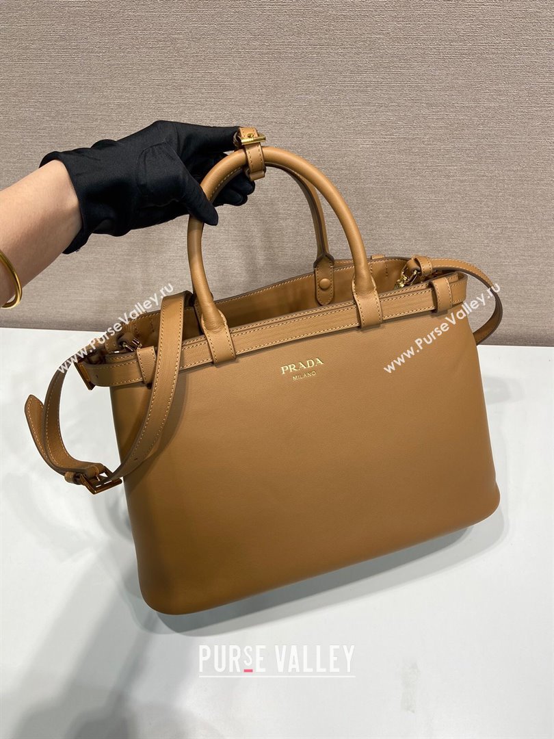 Prada Medium leather handbag with belt Caramel Brown 2023 1BA417 (YZ-231229002)