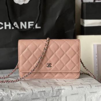 Chanel Grained Calfskin Classic Wallet on Chain WOC Silver/Nude Pink 2024 (yingf-240117017)