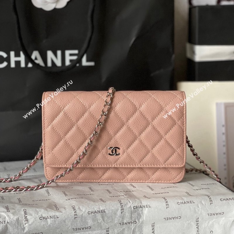 Chanel Grained Calfskin Classic Wallet on Chain WOC Silver/Nude Pink 2024 (yingf-240117017)