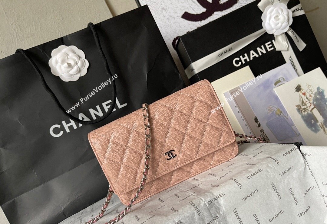 Chanel Grained Calfskin Classic Wallet on Chain WOC Silver/Nude Pink 2024 (yingf-240117017)