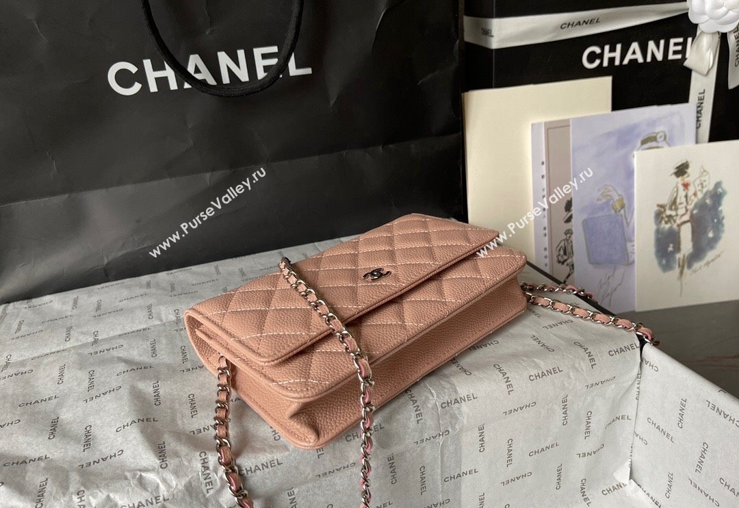 Chanel Grained Calfskin Classic Wallet on Chain WOC Silver/Nude Pink 2024 (yingf-240117017)