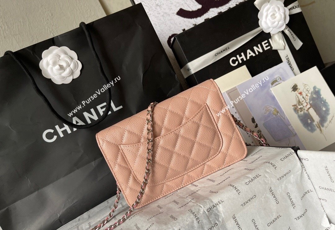 Chanel Grained Calfskin Classic Wallet on Chain WOC Silver/Nude Pink 2024 (yingf-240117017)