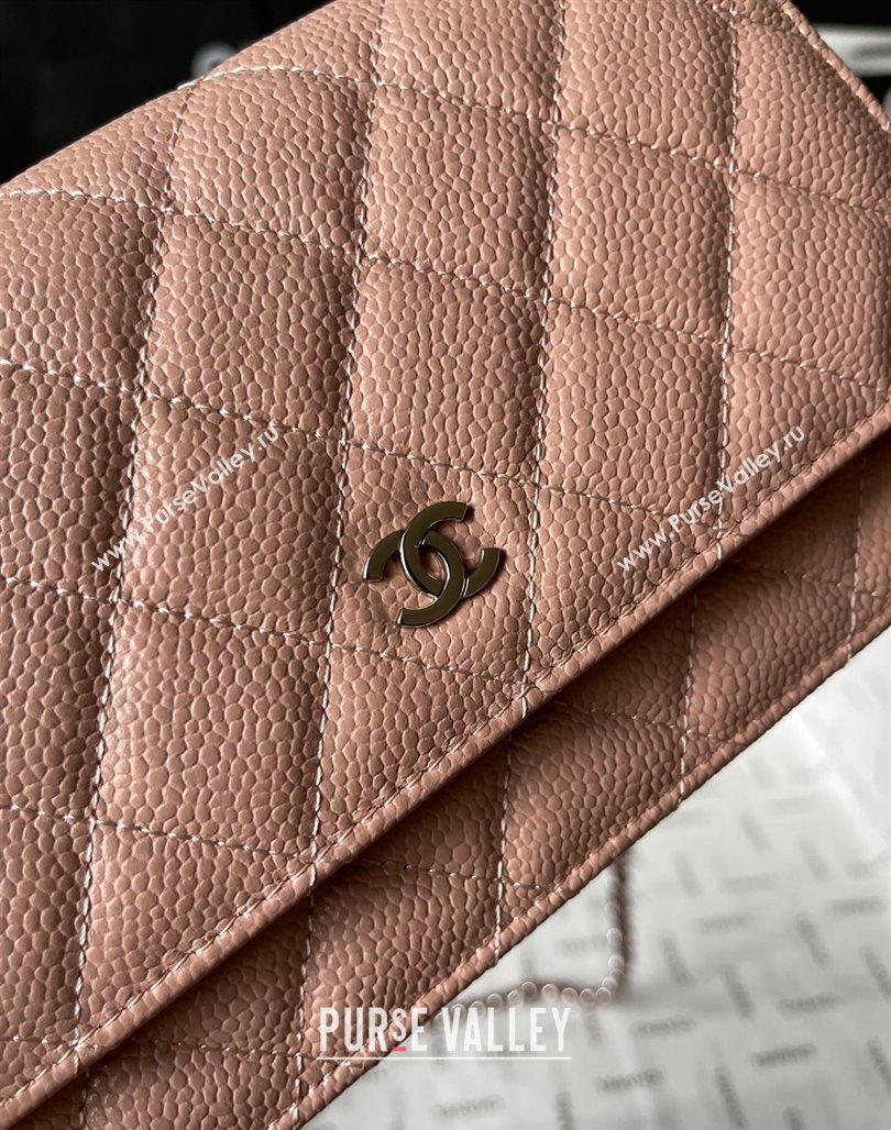 Chanel Grained Calfskin Classic Wallet on Chain WOC Silver/Nude Pink 2024 (yingf-240117017)