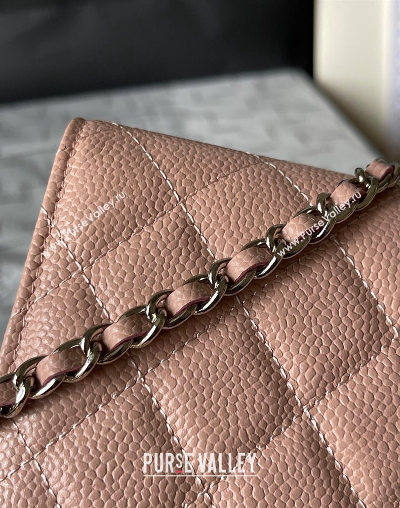 Chanel Grained Calfskin Classic Wallet on Chain WOC Silver/Nude Pink 2024 (yingf-240117017)