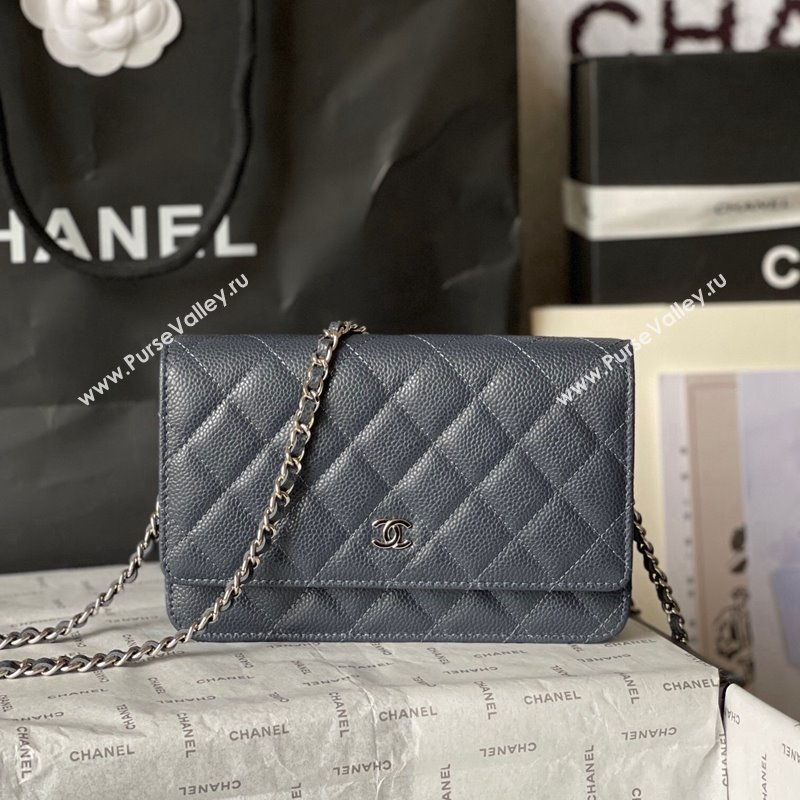 Chanel Grained Calfskin Classic Wallet on Chain WOC Silver/Dark Blue 2024 (yingf-240117019)