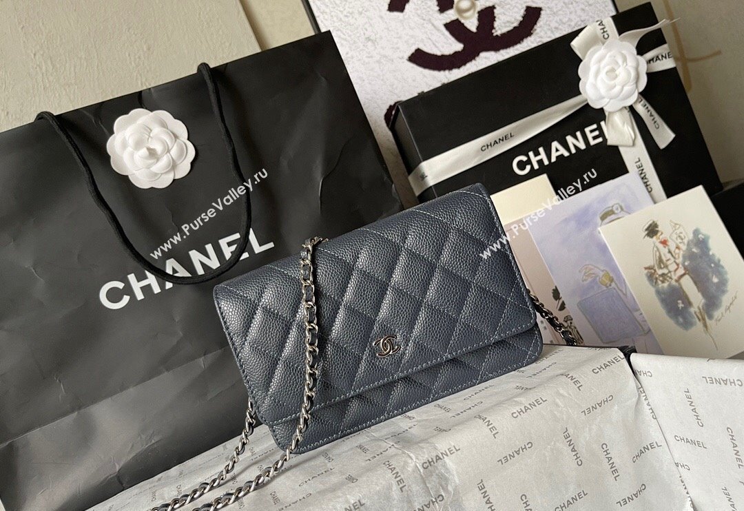 Chanel Grained Calfskin Classic Wallet on Chain WOC Silver/Dark Blue 2024 (yingf-240117019)