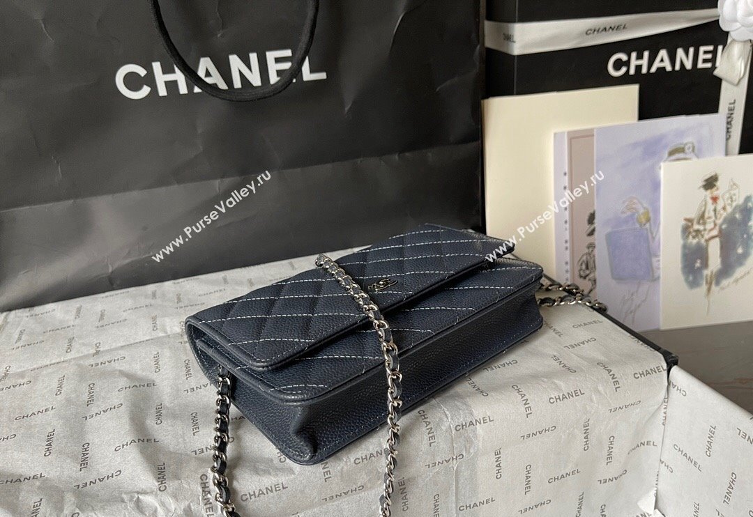 Chanel Grained Calfskin Classic Wallet on Chain WOC Silver/Dark Blue 2024 (yingf-240117019)