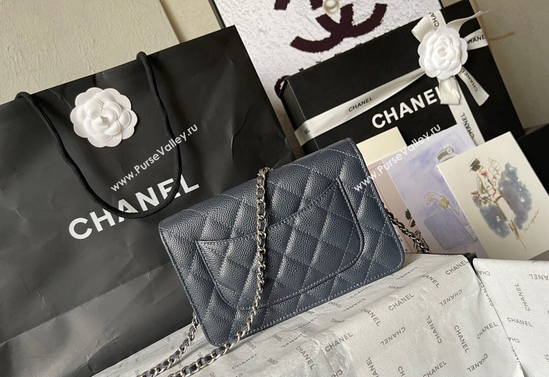 Chanel Grained Calfskin Classic Wallet on Chain WOC Silver/Dark Blue 2024 (yingf-240117019)