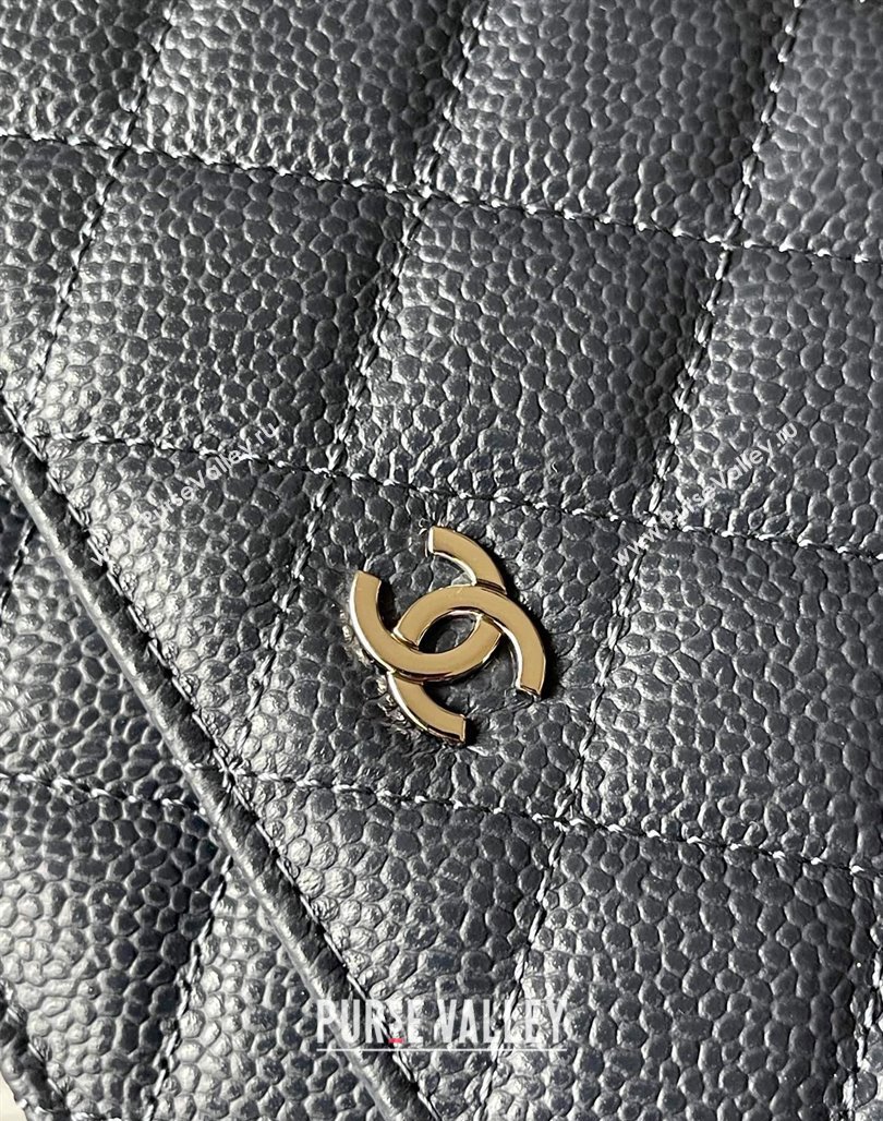 Chanel Grained Calfskin Classic Wallet on Chain WOC Silver/Dark Blue 2024 (yingf-240117019)