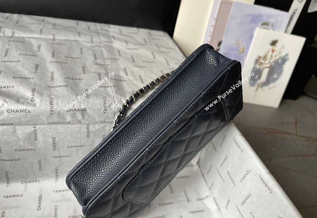 Chanel Grained Calfskin Classic Wallet on Chain WOC Silver/Dark Blue 2024 (yingf-240117019)