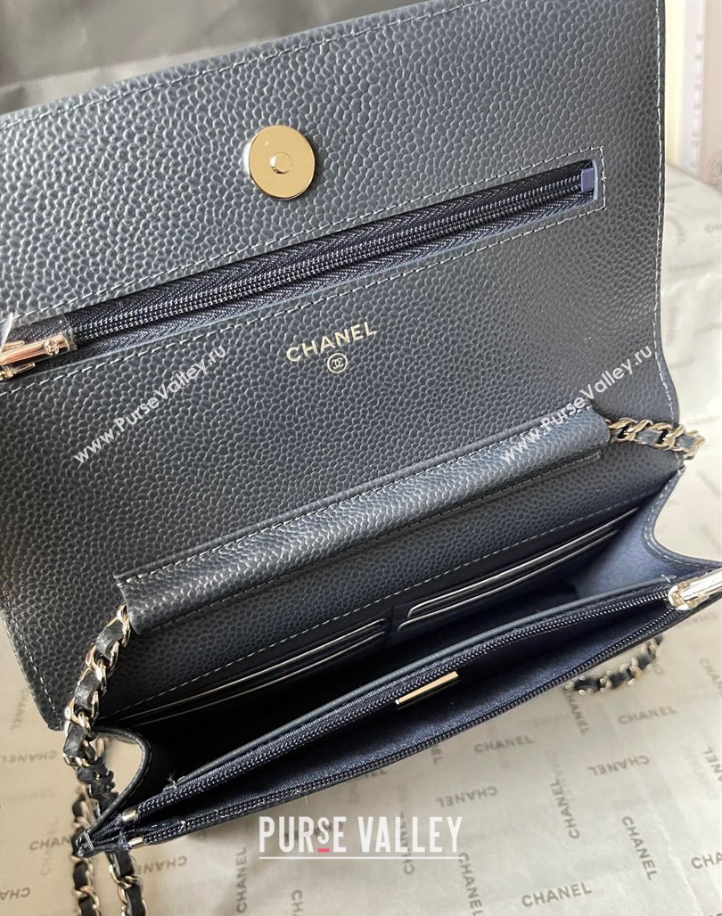 Chanel Grained Calfskin Classic Wallet on Chain WOC Silver/Dark Blue 2024 (yingf-240117019)