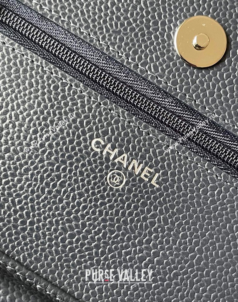 Chanel Grained Calfskin Classic Wallet on Chain WOC Silver/Dark Blue 2024 (yingf-240117019)