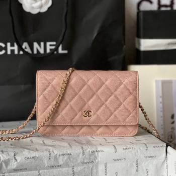 Chanel Grained Calfskin Classic Wallet on Chain WOC Gold/Nude Pink 2024 (yingf-240117018)