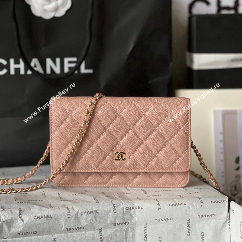 Chanel Grained Calfskin Classic Wallet on Chain WOC Gold/Nude Pink 2024 (yingf-240117018)