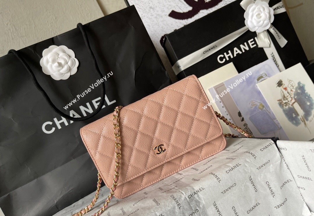 Chanel Grained Calfskin Classic Wallet on Chain WOC Gold/Nude Pink 2024 (yingf-240117018)