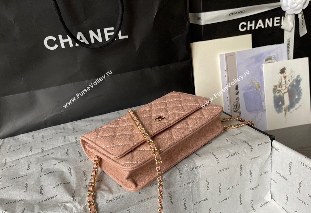 Chanel Grained Calfskin Classic Wallet on Chain WOC Gold/Nude Pink 2024 (yingf-240117018)