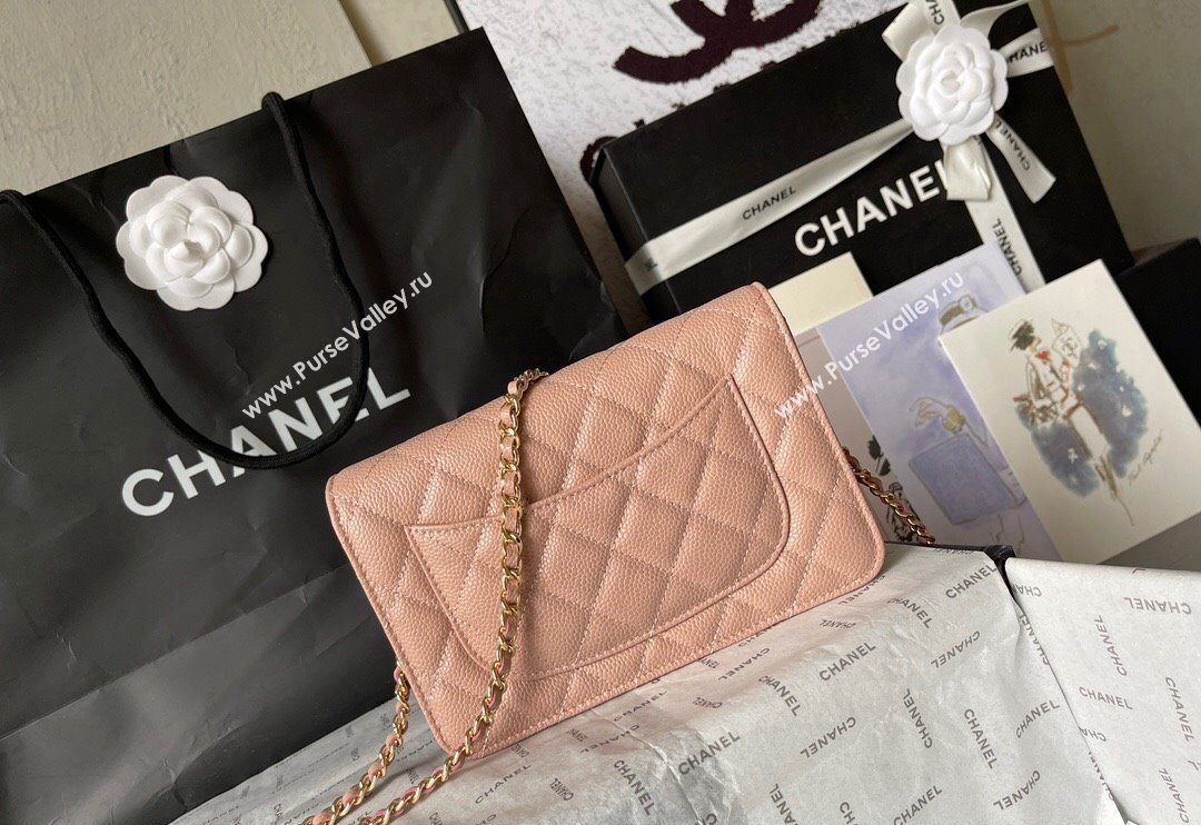 Chanel Grained Calfskin Classic Wallet on Chain WOC Gold/Nude Pink 2024 (yingf-240117018)