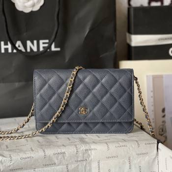 Chanel Grained Calfskin Classic Wallet on Chain WOC Gold/Dark Blue 2024 (yingf-240117020)