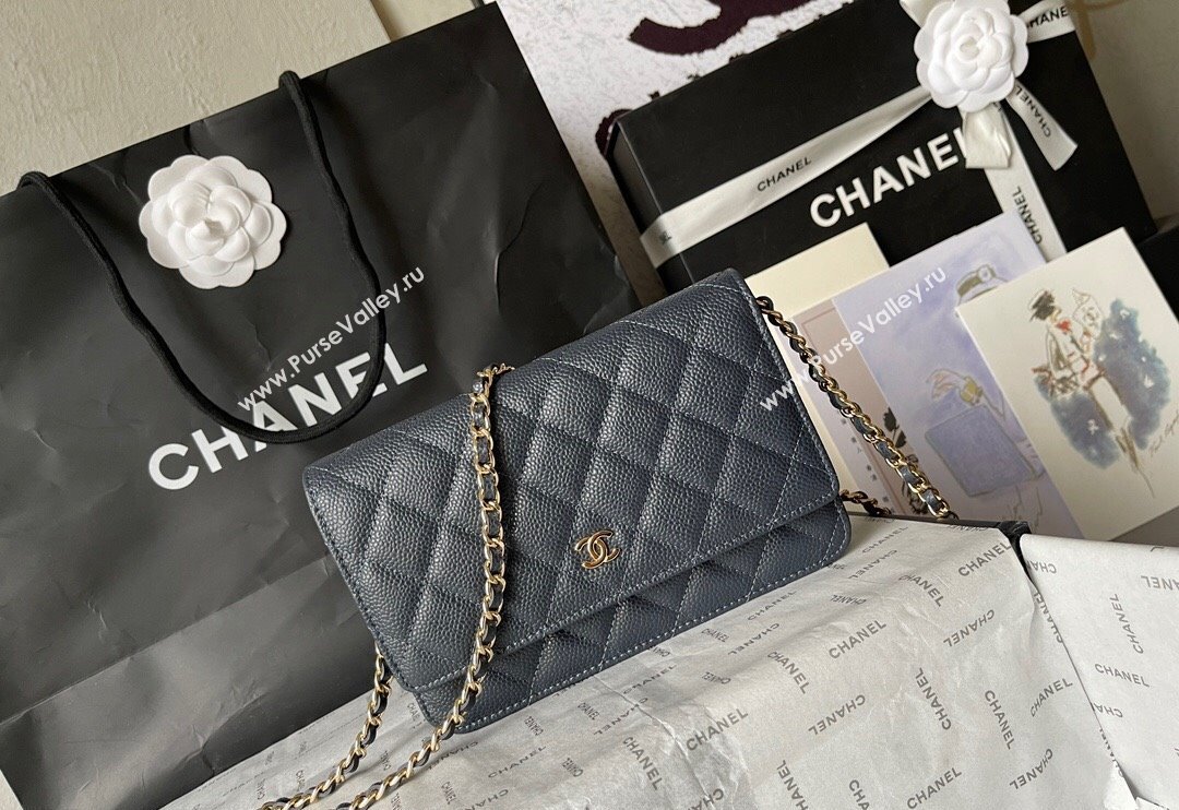 Chanel Grained Calfskin Classic Wallet on Chain WOC Gold/Dark Blue 2024 (yingf-240117020)