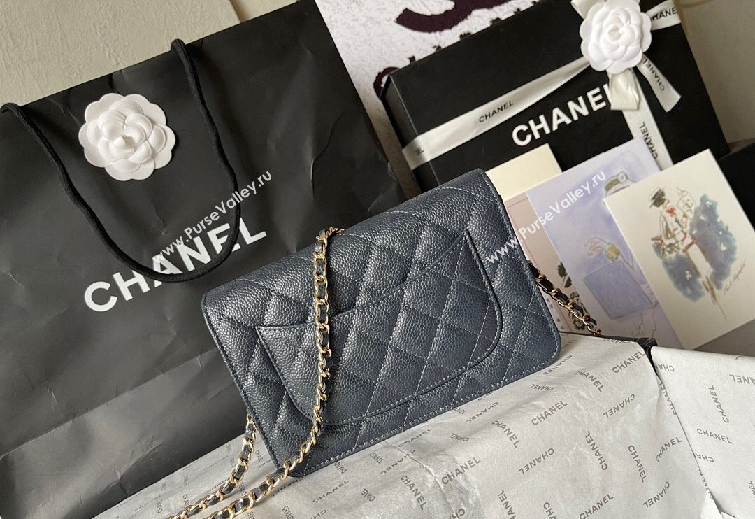 Chanel Grained Calfskin Classic Wallet on Chain WOC Gold/Dark Blue 2024 (yingf-240117020)