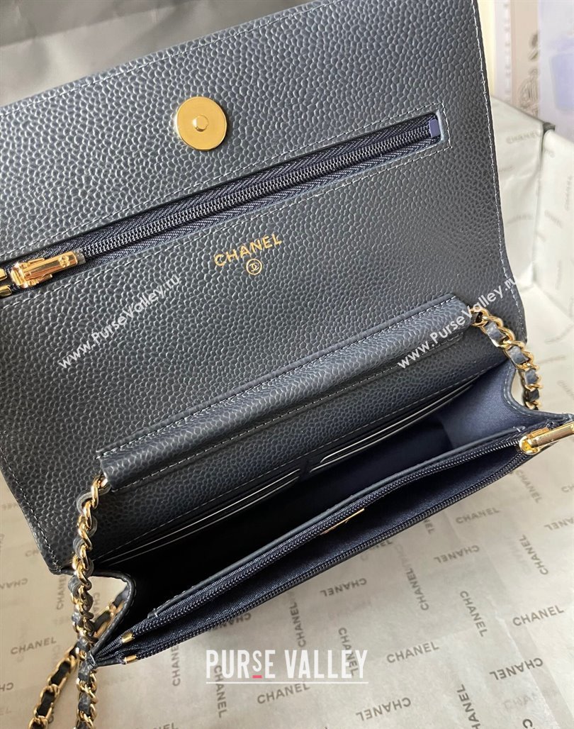 Chanel Grained Calfskin Classic Wallet on Chain WOC Gold/Dark Blue 2024 (yingf-240117020)