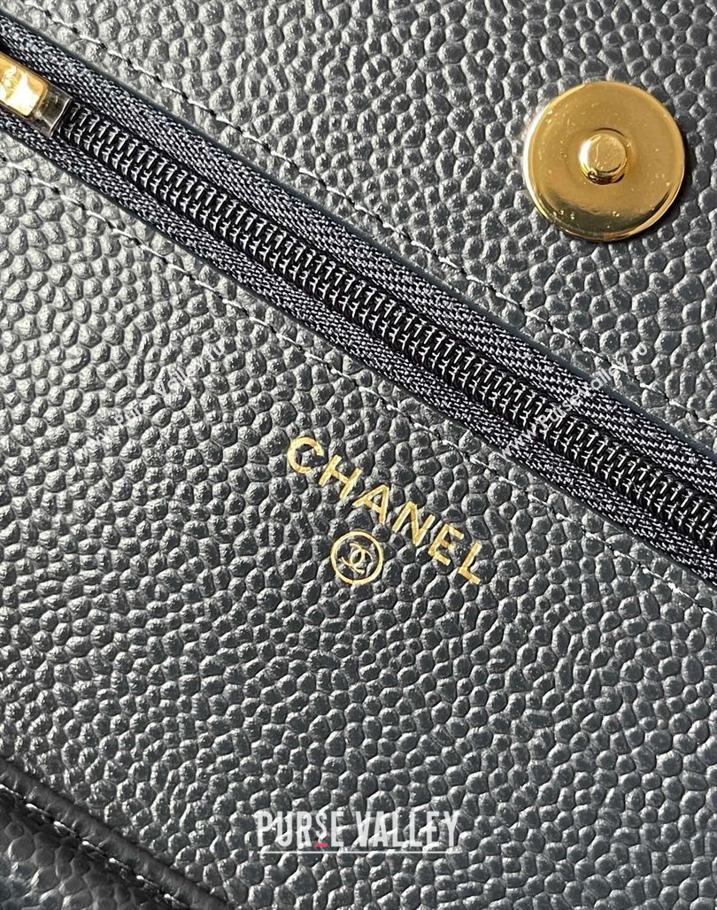 Chanel Grained Calfskin Classic Wallet on Chain WOC Gold/Dark Blue 2024 (yingf-240117020)