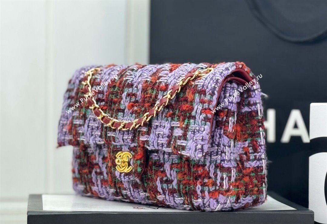 Chanel Classic Tweed Medium Flap Bag A01112 Purple/Green/Red 2024 0116 (yezi-240116026)