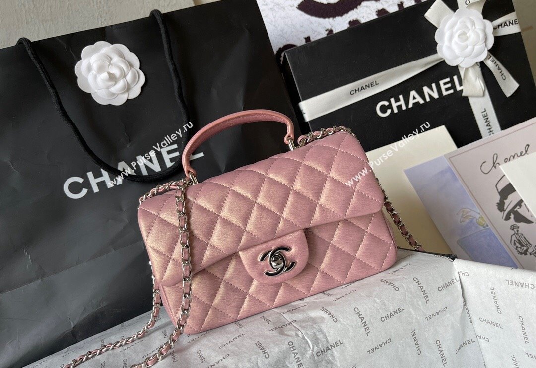 Chanel Lambskin Mini Flap Bag with Top Handle AS2431 Iridescent Pink 2024 (yingf-240117029)