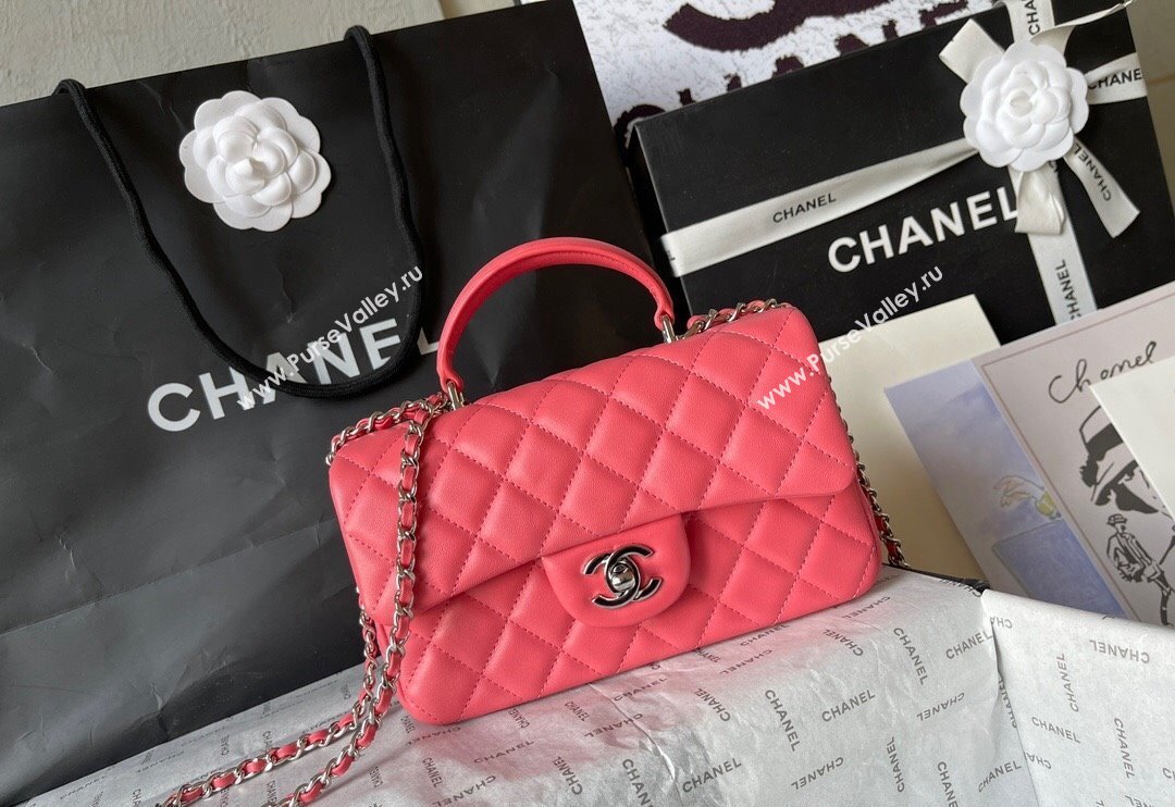 Chanel Lambskin Mini Flap Bag with Top Handle AS2431 Dark Pink 2024 (yingf-240117030)