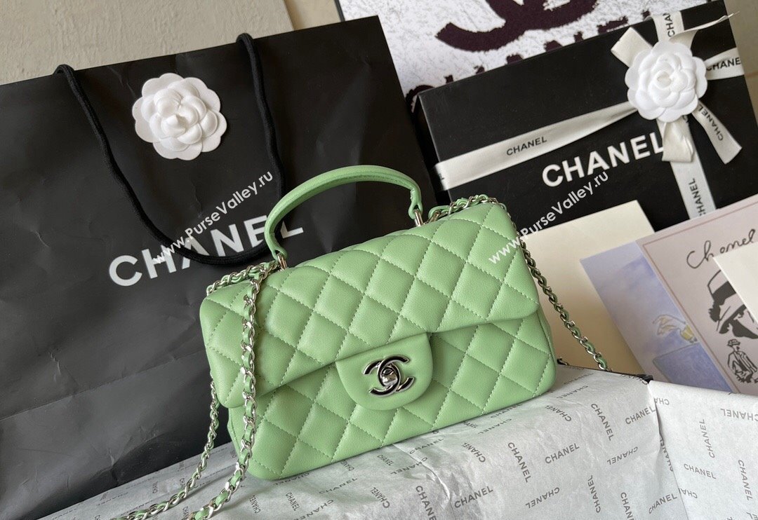 Chanel Lambskin Mini Flap Bag with Top Handle AS2431 Light Green 2024 (yingf-240117032)