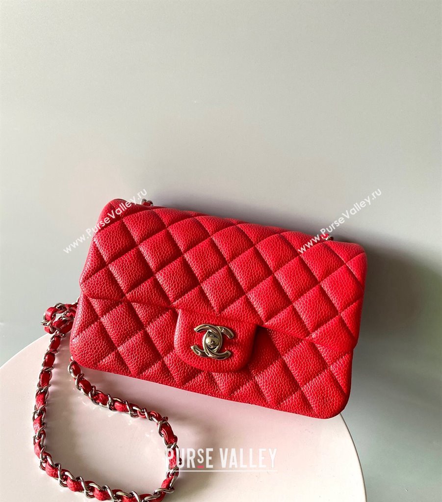 Chanel Grained Calfskin Classic Mini Flap Bag A01116 Red/Silver 2024 0117 (YD-240117046)