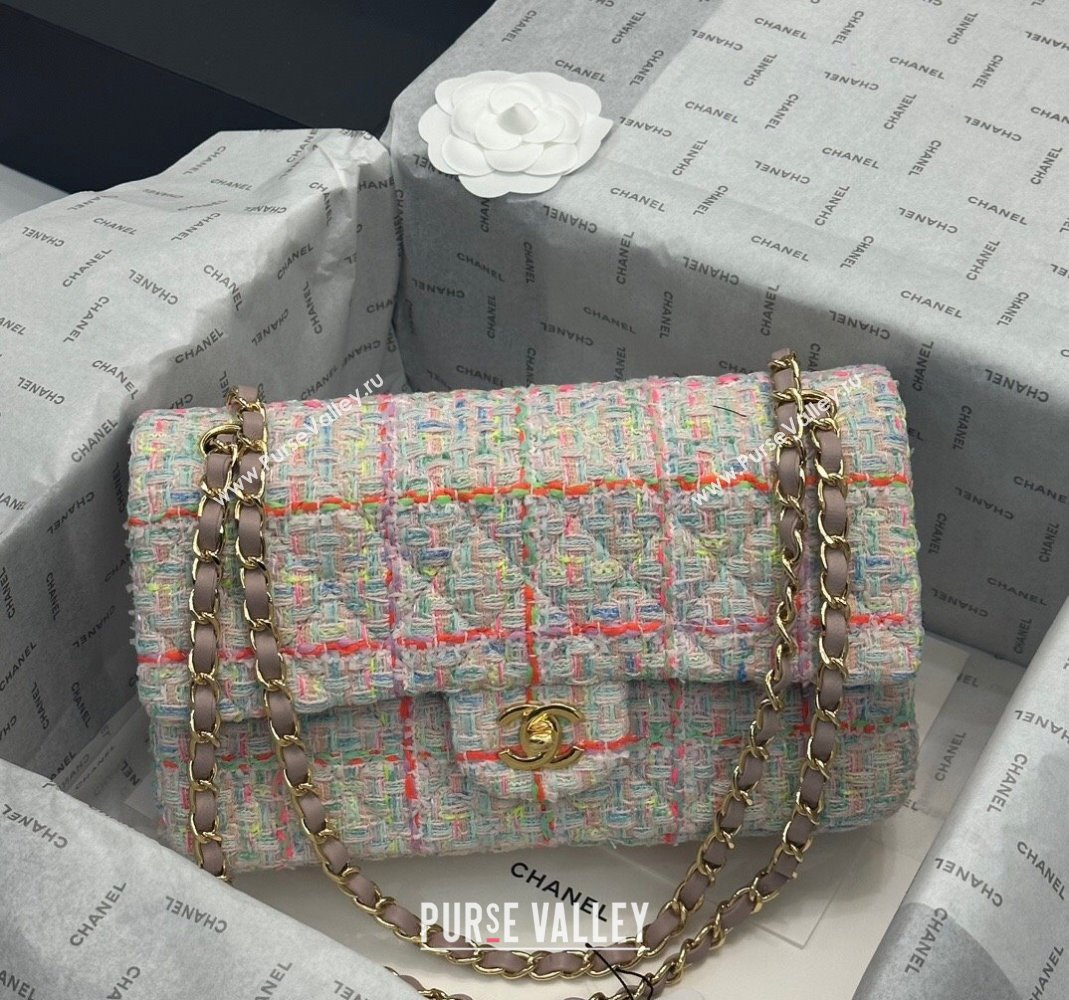 Chanel Classic Tweed Medium Flap Bag A01112 White/Multicolor 2024 0116 (yezi-240116022)