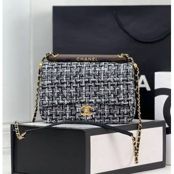 Chanel Tweed Small Flap Bag with Wood Handle AS4151 Black/White 2024 (yezi-240116001)