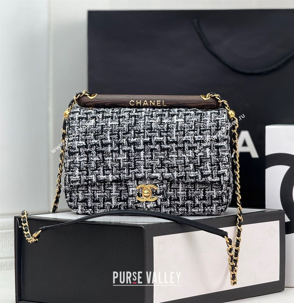 Chanel Tweed Small Flap Bag with Wood Handle AS4151 Black/White 2024 (yezi-240116001)