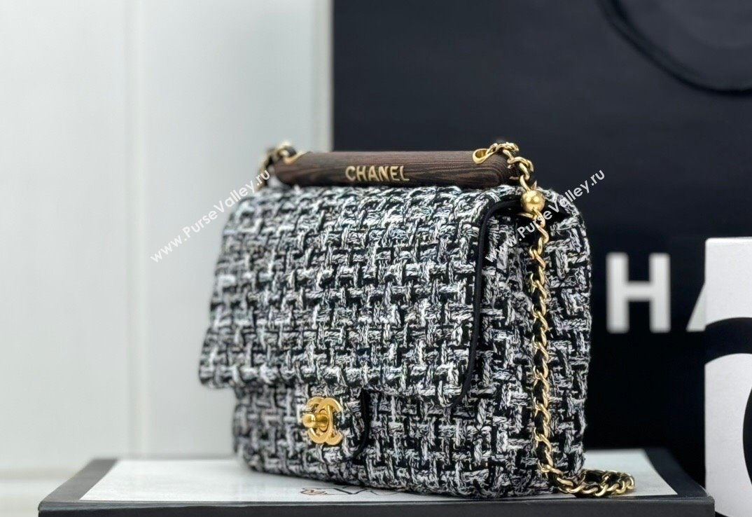 Chanel Tweed Small Flap Bag with Wood Handle AS4151 Black/White 2024 (yezi-240116001)