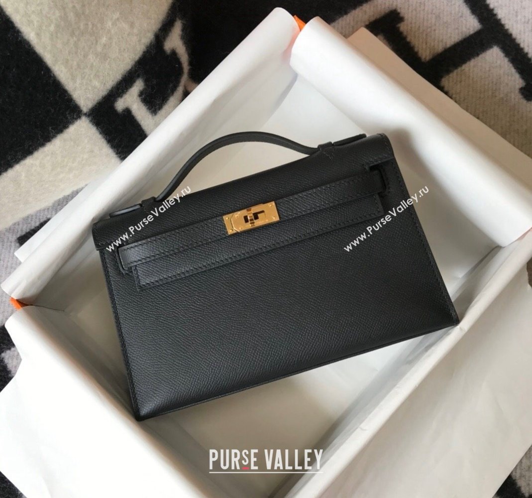 Hermes Mini Kelly Pochette Bag 22cm in Epsom Leather Black/Gold 2024 (Half Handmade) (FL-240117117)