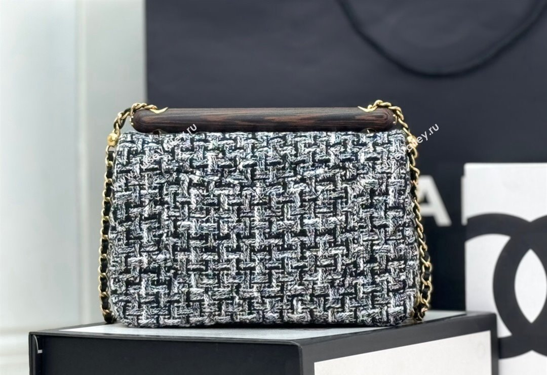 Chanel Tweed Small Flap Bag with Wood Handle AS4151 Black/White 2024 (yezi-240116001)