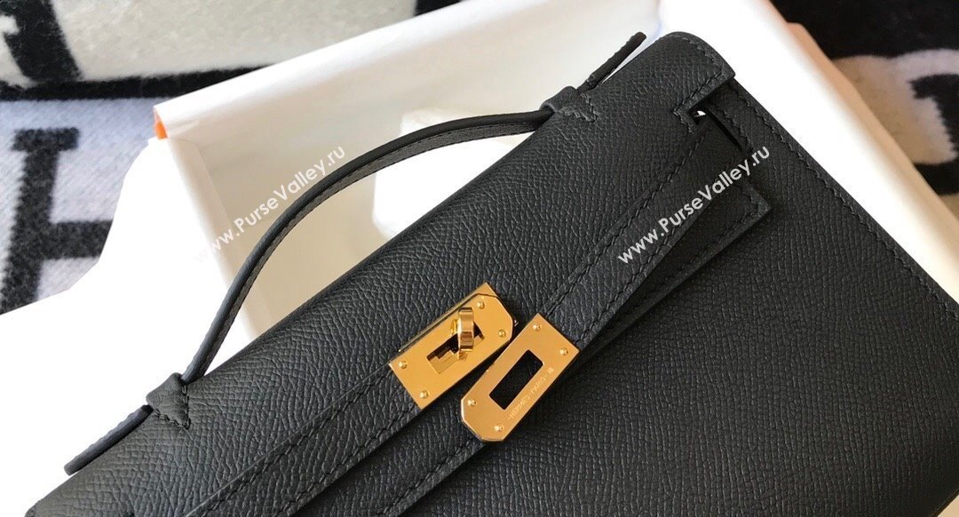 Hermes Mini Kelly Pochette Bag 22cm in Epsom Leather Black/Gold 2024 (Half Handmade) (FL-240117117)