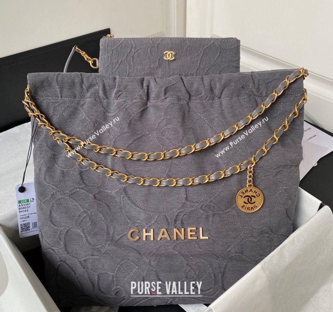 Chanel 22 Shopping Bag AS3261 in Camellia Velvet Grey 2023 (yezi-240116036)