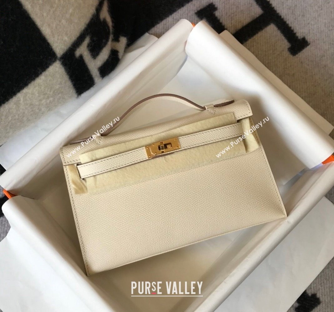 Hermes Mini Kelly Pochette Bag 22cm in Epsom Leather Cream White/Gold 2024 (Half Handmade) (FL-240117123)