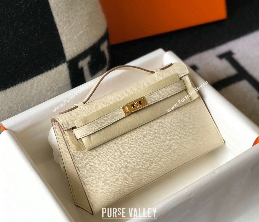 Hermes Mini Kelly Pochette Bag 22cm in Epsom Leather Cream White/Gold 2024 (Half Handmade) (FL-240117123)