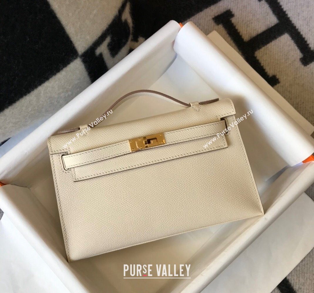 Hermes Mini Kelly Pochette Bag 22cm in Epsom Leather Cream White/Gold 2024 (Half Handmade) (FL-240117123)