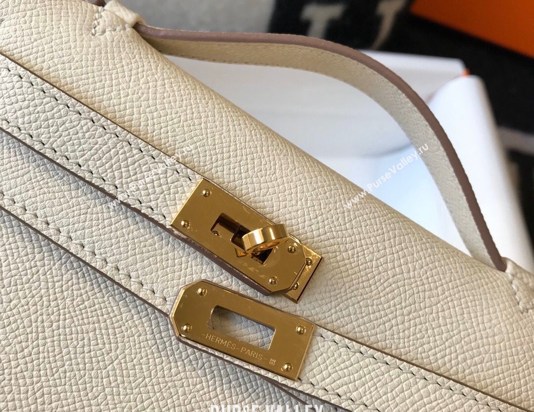 Hermes Mini Kelly Pochette Bag 22cm in Epsom Leather Cream White/Gold 2024 (Half Handmade) (FL-240117123)