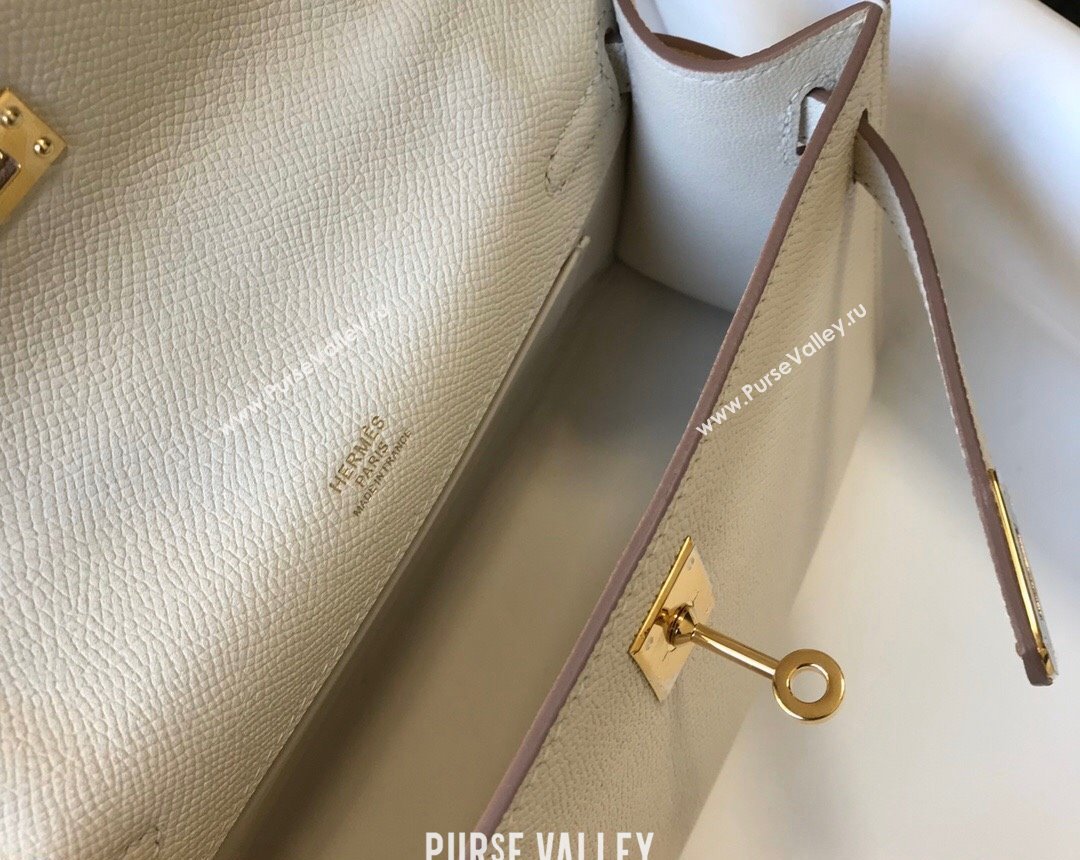 Hermes Mini Kelly Pochette Bag 22cm in Epsom Leather Cream White/Gold 2024 (Half Handmade) (FL-240117123)