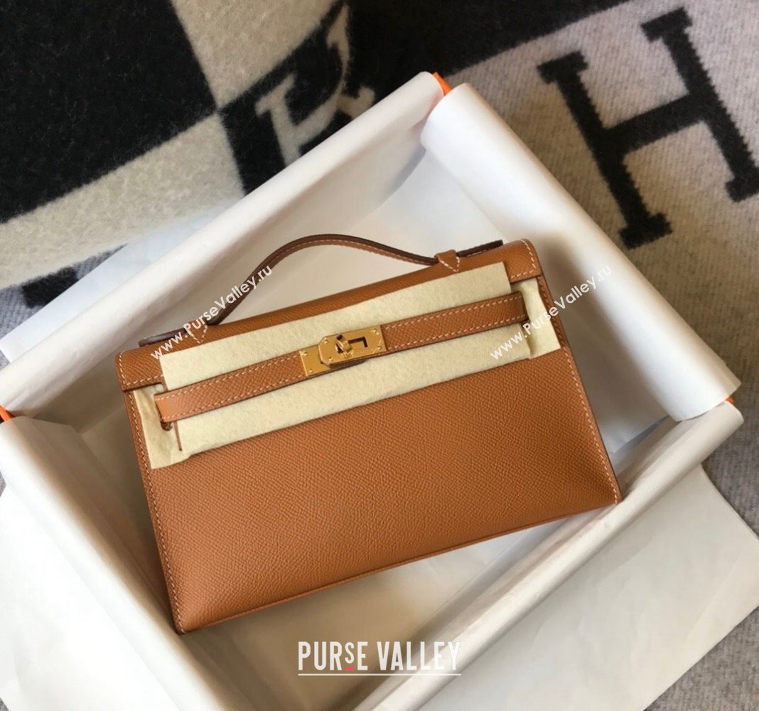 Hermes Mini Kelly Pochette Bag 22cm in Epsom Leather Golden Brown 2024 (Half Handmade) (FL-240117125)