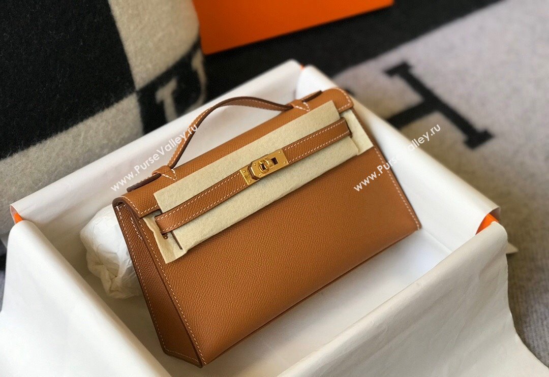 Hermes Mini Kelly Pochette Bag 22cm in Epsom Leather Golden Brown 2024 (Half Handmade) (FL-240117125)