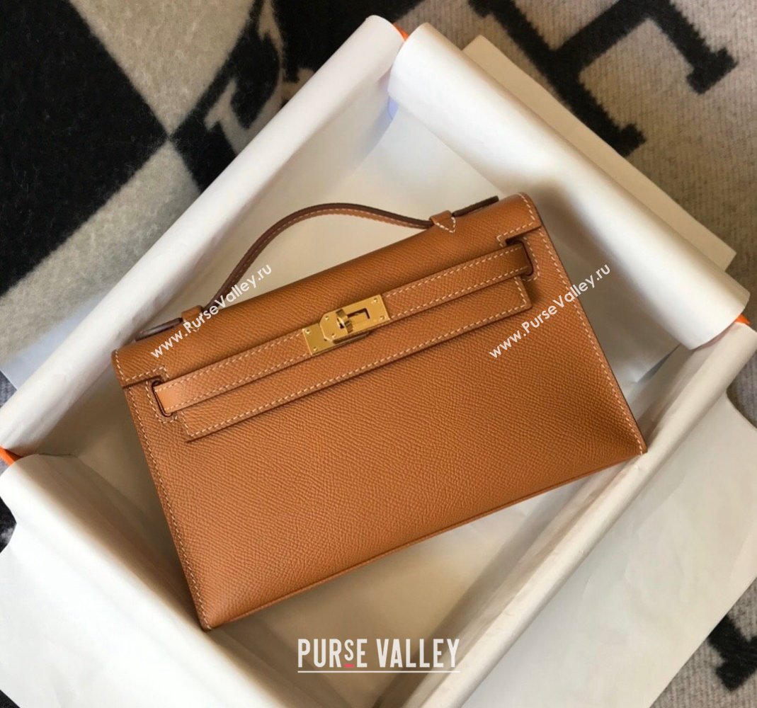 Hermes Mini Kelly Pochette Bag 22cm in Epsom Leather Golden Brown 2024 (Half Handmade) (FL-240117125)